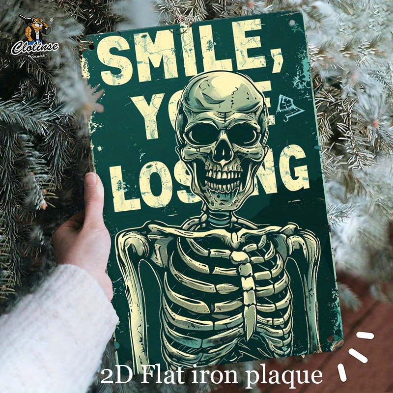 Halloween Skeleton Decoration - Vintage-Skelett-Metallschild „SMILE, YOU'RE LOSING“ – Dunkle