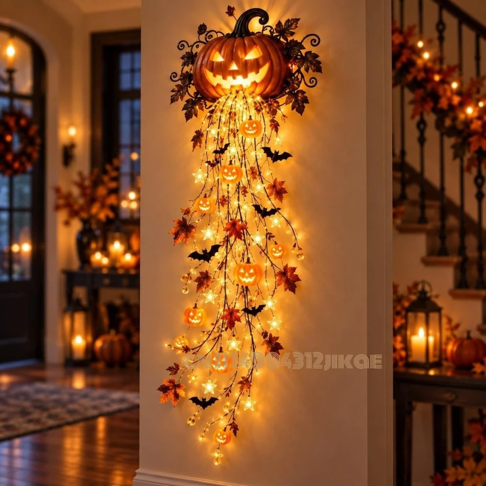 Halloween Led String Lights Orange - Elegante Halloween-Wandlichterkette, Kürbis-Lichterkette mit orangefarbenem Vorhang,