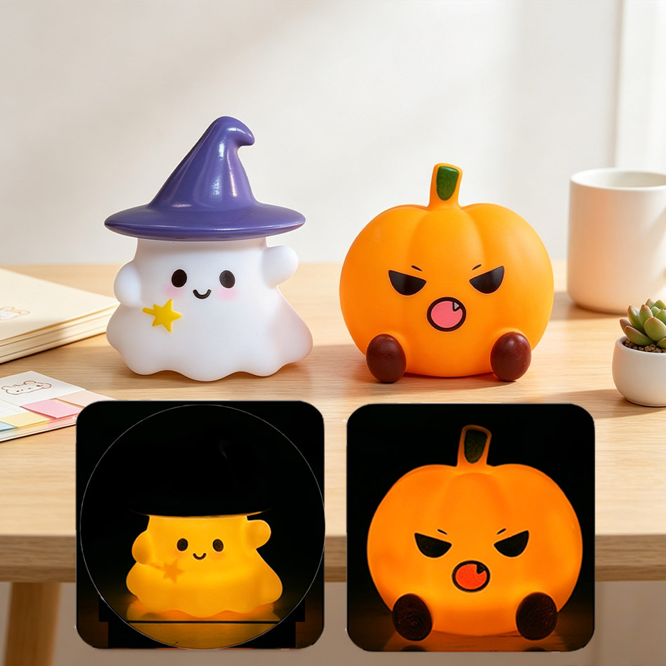 Halloween Pumpkin Decor Led - Kawaii Hexe Geist Kürbis Silikon-Nachtlicht Niedliche
