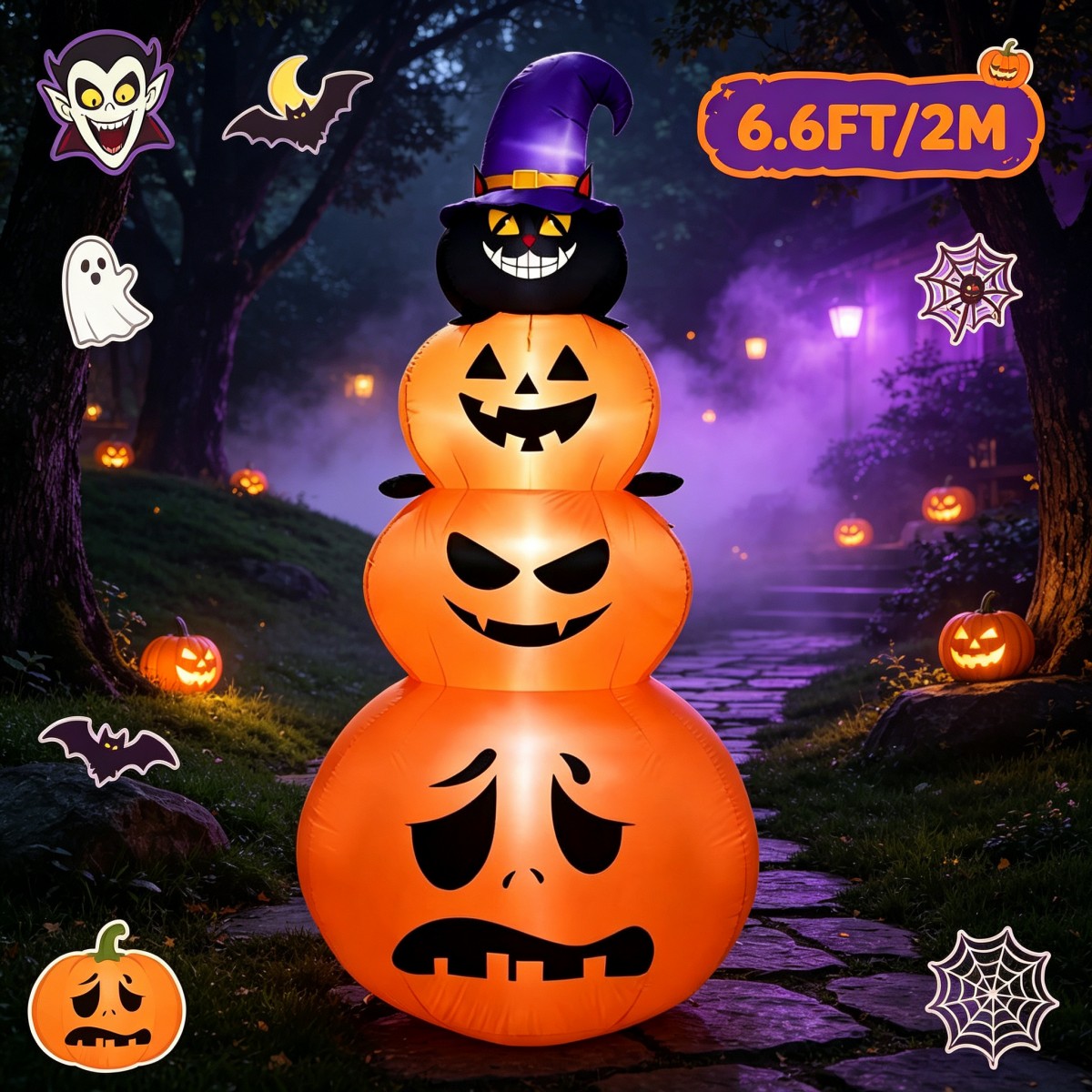 Halloween Pumpkin Decor Led - Outdoor-Feiertagsdekorationen Halloween Aufblasbarer Stapel-Kürbis Schwarze Katze