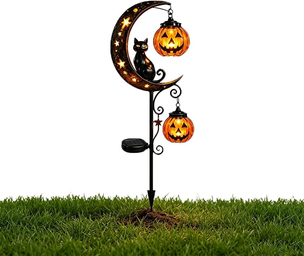 Halloween Pumpkin Decor Led - Solar-Halloween-Gartenleuchte mit Schwarzer Katze, Kürbis und