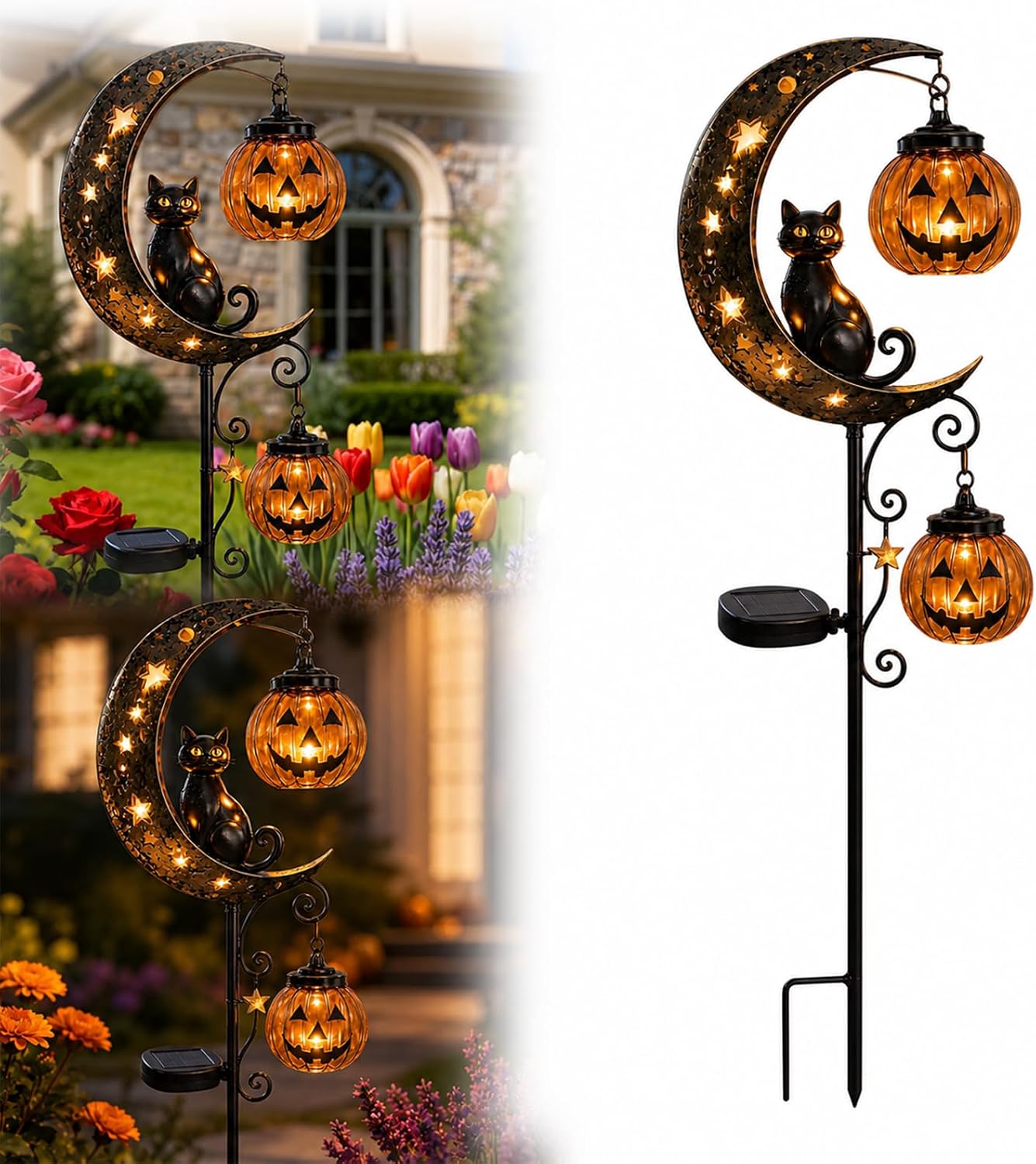 Halloween Pumpkin Decor Led - Neue Solar-Halloween-Kürbis-Mondleuchte mit Schwarzer Katze, Gartenstecker,