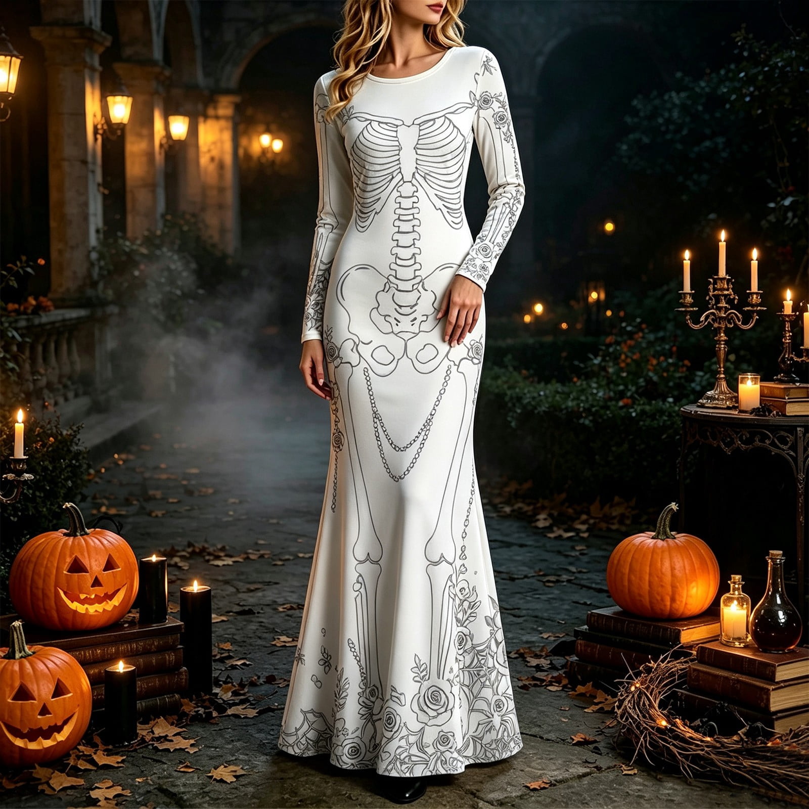 Damen-Maxikleid mit Skelett- u – Halloween Skeleton Decoration Bewertung und Preis
